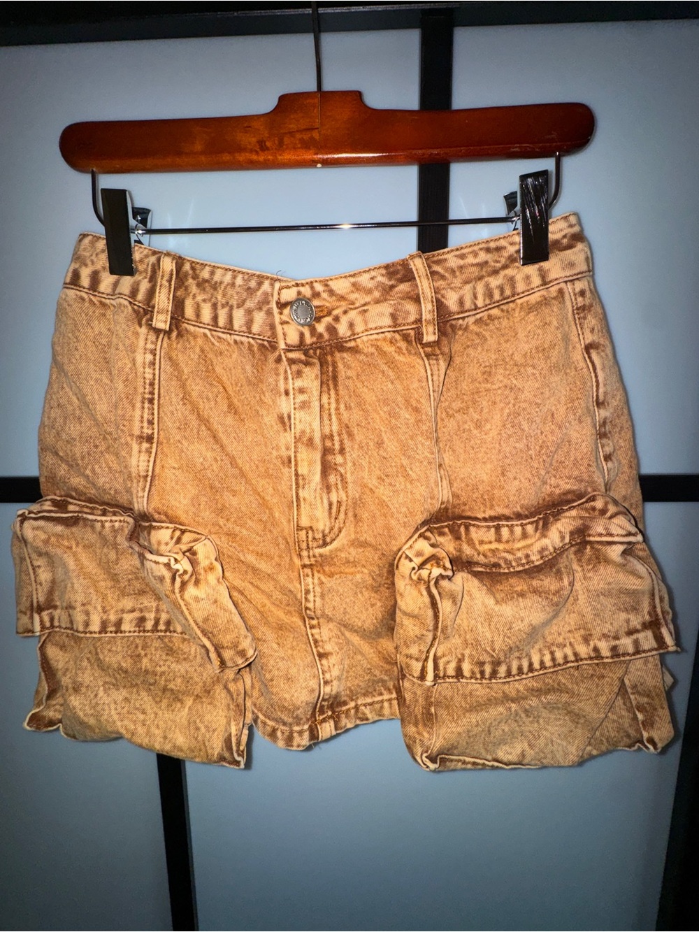 By DYLN Acid Washed Tan Cargo Denim Skirt